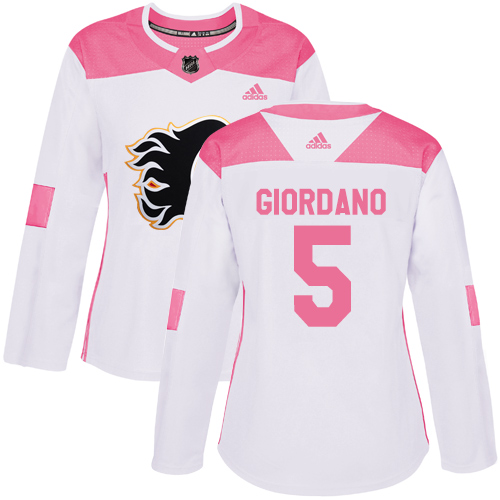 Adidas Flames #5 Mark Giordano White/Pink Authentic Fashion Women's Stitched NHL Jersey - Click Image to Close